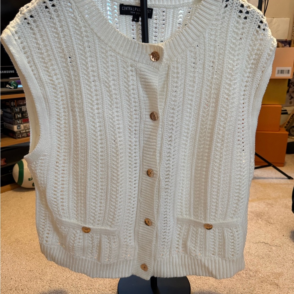 Central Park West Cream Knit Button-Front Sweater Vest